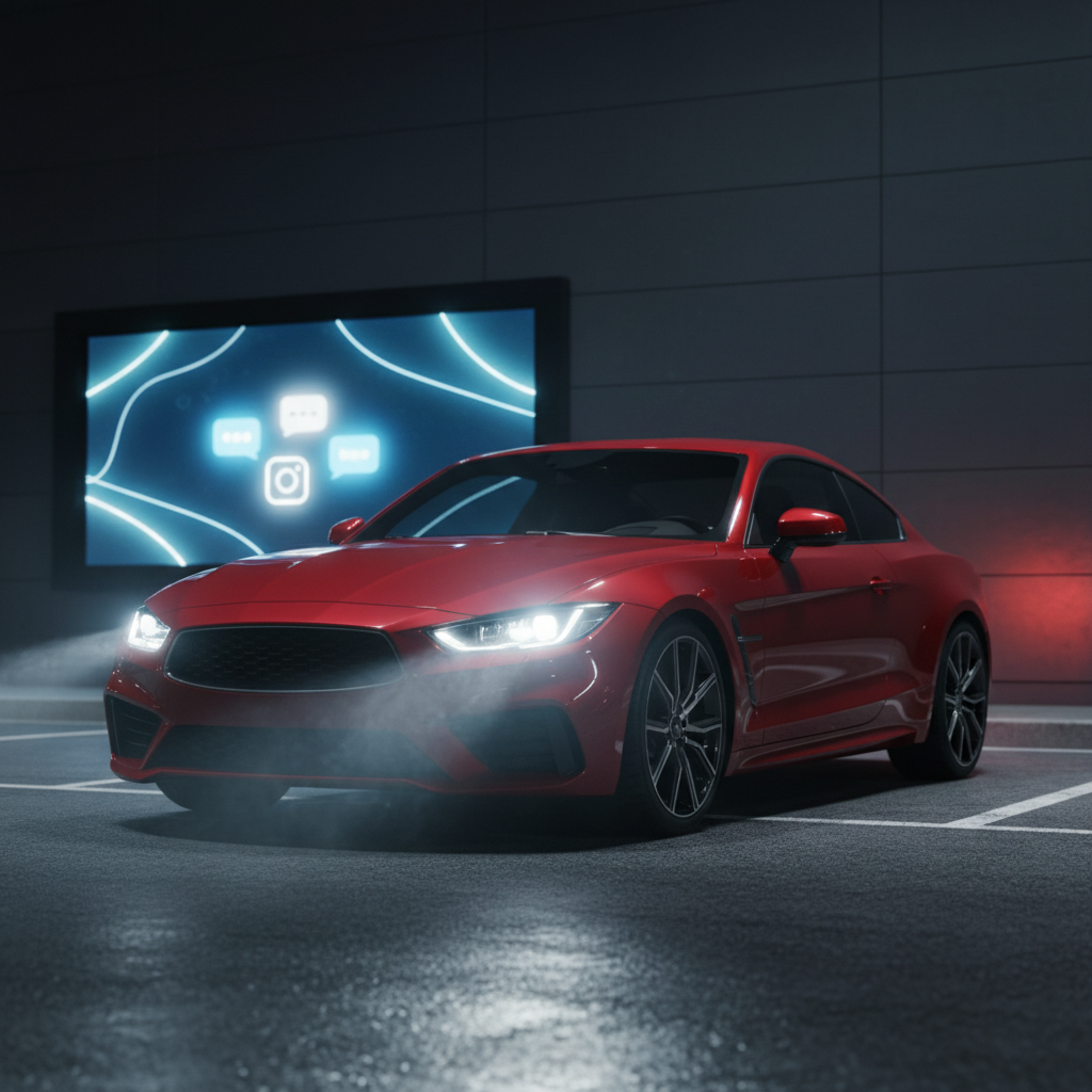 Scène nocturne élégante d’un coupé sport d’occasion rouge profond, parfaitement détaillé, stationné sous un éclairage urbain moderne devant un mur architectural gris foncé. Les phares LED sont allumés, projetant une lumière blanche nette sur le sol asphalté propre, créant des reflets et une légère brume lumineuse autour du véhicule. À l’arrière-plan, un grand écran abstrait affiche des formes lumineuses évoquant discrètement messagerie et réseaux sociaux, sans texte ni logos, symbolisant la possibilité de contact via WhatsApp et Instagram. Prise de vue cinématographique en trois-quarts avant, avec un léger bokeh sur l’arrière-plan. Atmosphère dynamique mais maîtrisée, très professionnelle, style photographique haut contraste, mettant en avant la sportivité et le côté premium des occasions proposées.