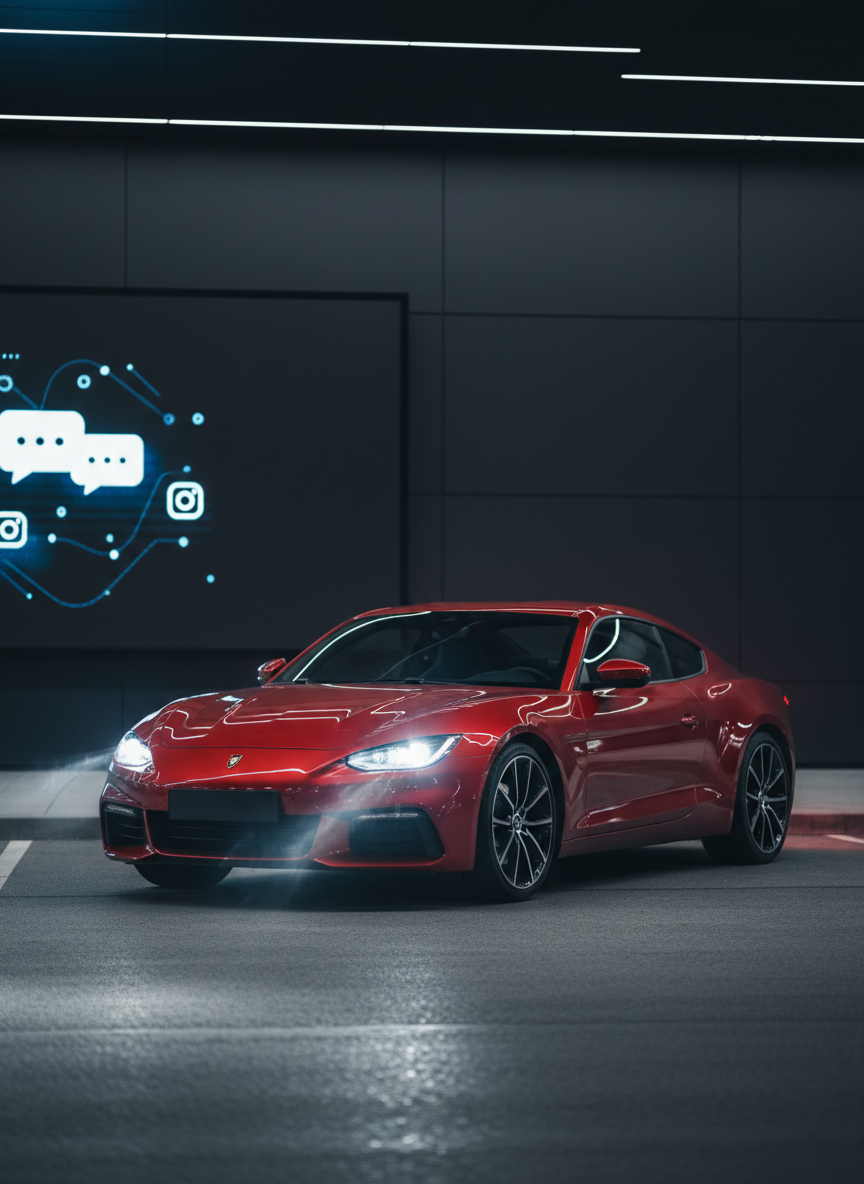 Scène nocturne élégante d’un coupé sport d’occasion rouge profond, parfaitement détaillé, stationné sous un éclairage urbain moderne devant un mur architectural gris foncé. Les phares LED sont allumés, projetant une lumière blanche nette sur le sol asphalté propre, créant des reflets et une légère brume lumineuse autour du véhicule. À l’arrière-plan, un grand écran abstrait affiche des formes lumineuses évoquant discrètement messagerie et réseaux sociaux, sans texte ni logos, symbolisant la possibilité de contact via WhatsApp et Instagram. Prise de vue cinématographique en trois-quarts avant, avec un léger bokeh sur l’arrière-plan. Atmosphère dynamique mais maîtrisée, très professionnelle, style photographique haut contraste, mettant en avant la sportivité et le côté premium des occasions proposées.