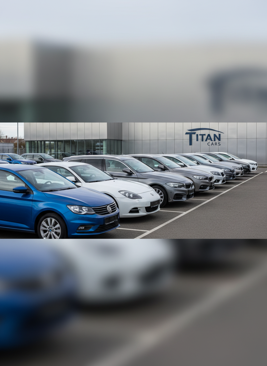 Une rangée de véhicules d’occasion récents, dont une compacte bleue, un break gris et un coupé blanc, tous impeccablement propres et alignés dans un vaste parking balisé. Les carrosseries reflètent un ciel légèrement nuageux, lumière de journée diffuse sans ombres dures, mettant en avant les teintes métalliques. Au fond, un panneau architectural sans texte, géométrique et minimaliste, symbolise l’identité visuelle de Titan Cars. Prise de vue panoramique à angle légèrement élevé, permettant de voir l’ensemble de la sélection. Profondeur de champ importante pour garder tous les véhicules nets. Atmosphère organisée, sérieuse et haut de gamme, style photographique réaliste, couleurs neutres et touches de bleu évoquant la confiance et la fiabilité.
