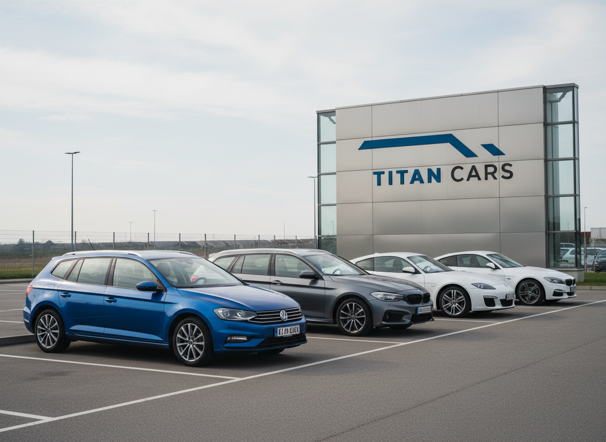 Une rangée de véhicules d’occasion récents, dont une compacte bleue, un break gris et un coupé blanc, tous impeccablement propres et alignés dans un vaste parking balisé. Les carrosseries reflètent un ciel légèrement nuageux, lumière de journée diffuse sans ombres dures, mettant en avant les teintes métalliques. Au fond, un panneau architectural sans texte, géométrique et minimaliste, symbolise l’identité visuelle de Titan Cars. Prise de vue panoramique à angle légèrement élevé, permettant de voir l’ensemble de la sélection. Profondeur de champ importante pour garder tous les véhicules nets. Atmosphère organisée, sérieuse et haut de gamme, style photographique réaliste, couleurs neutres et touches de bleu évoquant la confiance et la fiabilité.