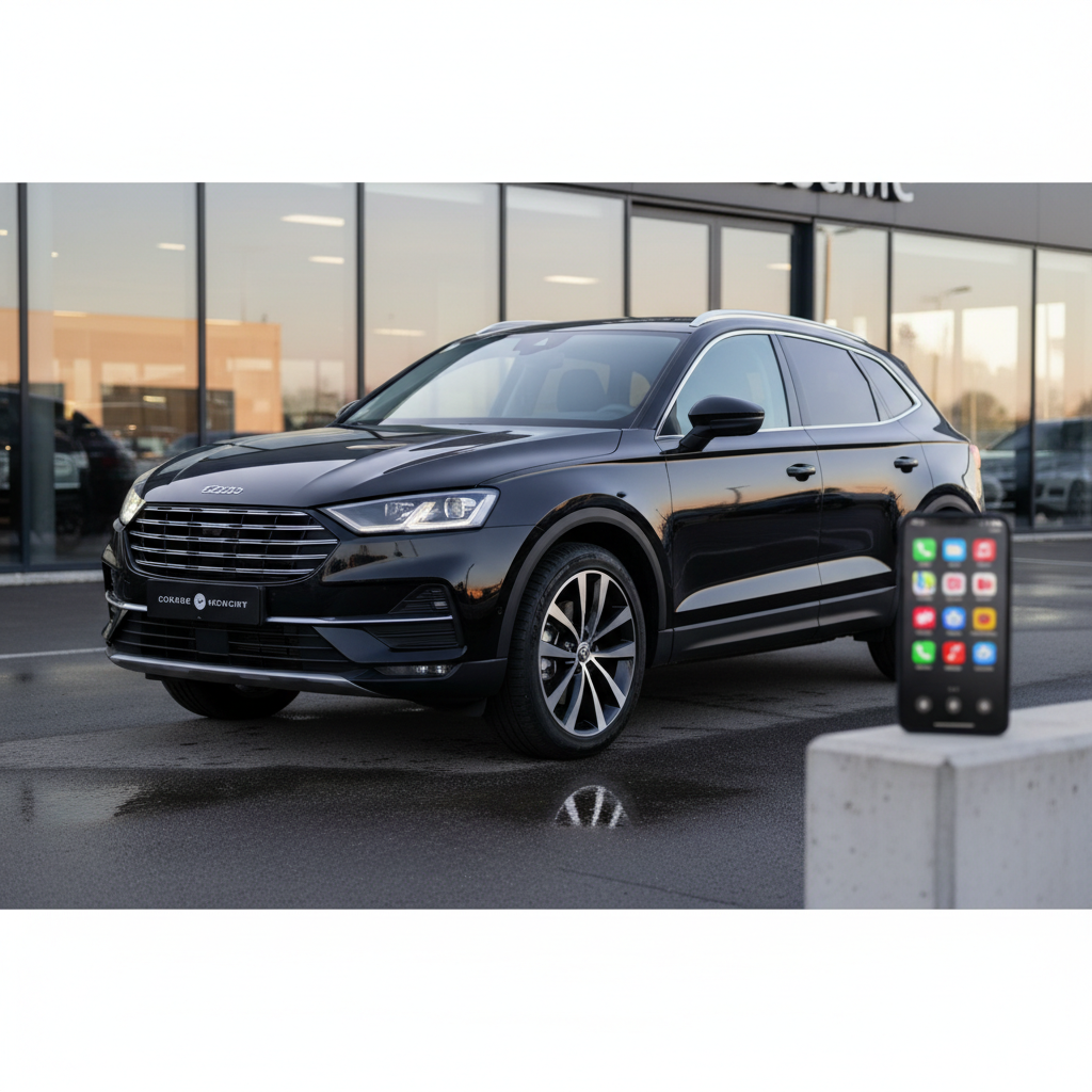 Un SUV récent noir nacré, carrosserie brillante et pneus comme neufs, stationné devant un bâtiment contemporain vitré suggérant une concession spécialisée dans les véhicules d’occasion. Le sol est propre, légèrement mouillé, créant des reflets subtils des phares LED. Lumière de fin d’après-midi, douce et dorée, venant de côté, soulignant les lignes tendues de la carrosserie. À droite, un smartphone posé sur un rebord de muret affiche des icônes abstraites évoquant téléphone, messagerie et réseaux sociaux, floues mais reconnaissables, suggérant les différents moyens de contact. Composition large, légèrement en contre-plongée, avec une profondeur de champ moyenne pour garder le SUV parfaitement net. Ambiance rassurante, premium et moderne, rendu photographique haute définition, couleurs sobres et élégantes.