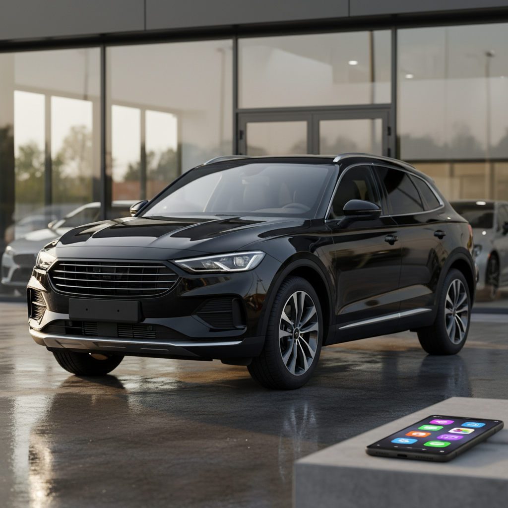Un SUV récent noir nacré, carrosserie brillante et pneus comme neufs, stationné devant un bâtiment contemporain vitré suggérant une concession spécialisée dans les véhicules d’occasion. Le sol est propre, légèrement mouillé, créant des reflets subtils des phares LED. Lumière de fin d’après-midi, douce et dorée, venant de côté, soulignant les lignes tendues de la carrosserie. À droite, un smartphone posé sur un rebord de muret affiche des icônes abstraites évoquant téléphone, messagerie et réseaux sociaux, floues mais reconnaissables, suggérant les différents moyens de contact. Composition large, légèrement en contre-plongée, avec une profondeur de champ moyenne pour garder le SUV parfaitement net. Ambiance rassurante, premium et moderne, rendu photographique haute définition, couleurs sobres et élégantes.